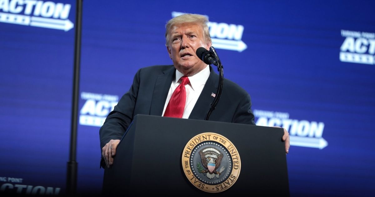 President of the United States Donald Trump speaking with supporters at an "An Address to Young Americans" event hosted by Students for Trump and Turning Point Action at Dream City Church in Phoenix, Arizona.