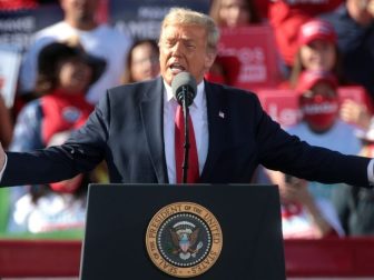 President of the United States Donald Trump speaking with supporters at a "Make America Great Again" campaign rally at Phoenix Goodyear Airport in Goodyear, Arizona.