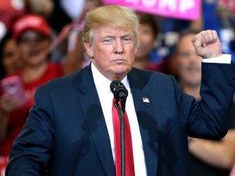 Donald Trump speaking with supporters at a campaign rally at the Phoenix Convention Center in Phoenix, Arizona.