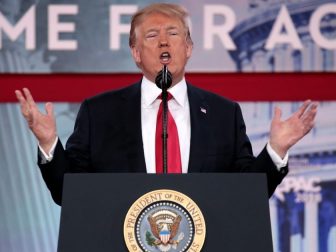 President of the United States Donald Trump speaking at the 2018 Conservative Political Action Conference (CPAC) in National Harbor, Maryland.