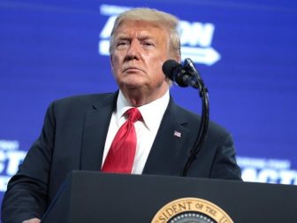 President of the United States Donald Trump speaking with supporters at an "An Address to Young Americans" event hosted by Students for Trump and Turning Point Action at Dream City Church in Phoenix, Arizona.