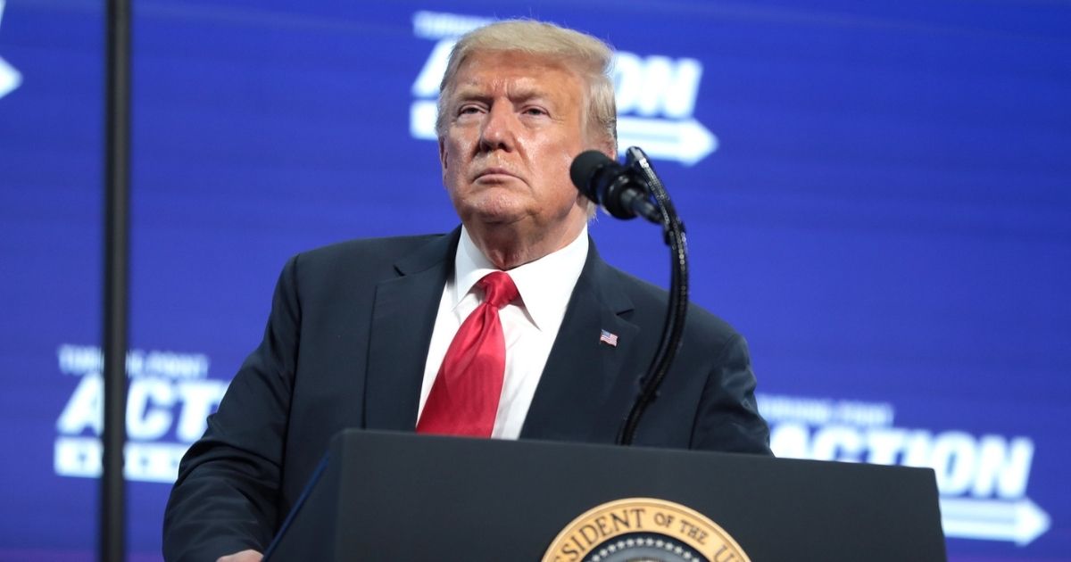 President of the United States Donald Trump speaking with supporters at an "An Address to Young Americans" event hosted by Students for Trump and Turning Point Action at Dream City Church in Phoenix, Arizona.