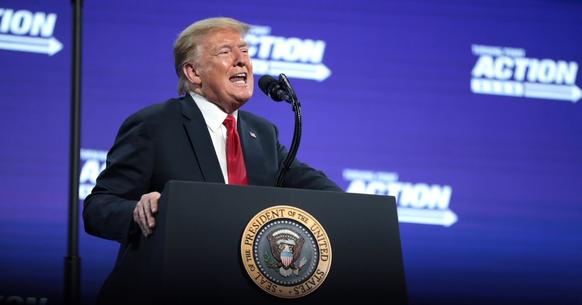 President of the United States Donald Trump speaking with supporters at an "An Address to Young Americans" event hosted by Students for Trump and Turning Point Action at Dream City Church in Phoenix, Arizona.