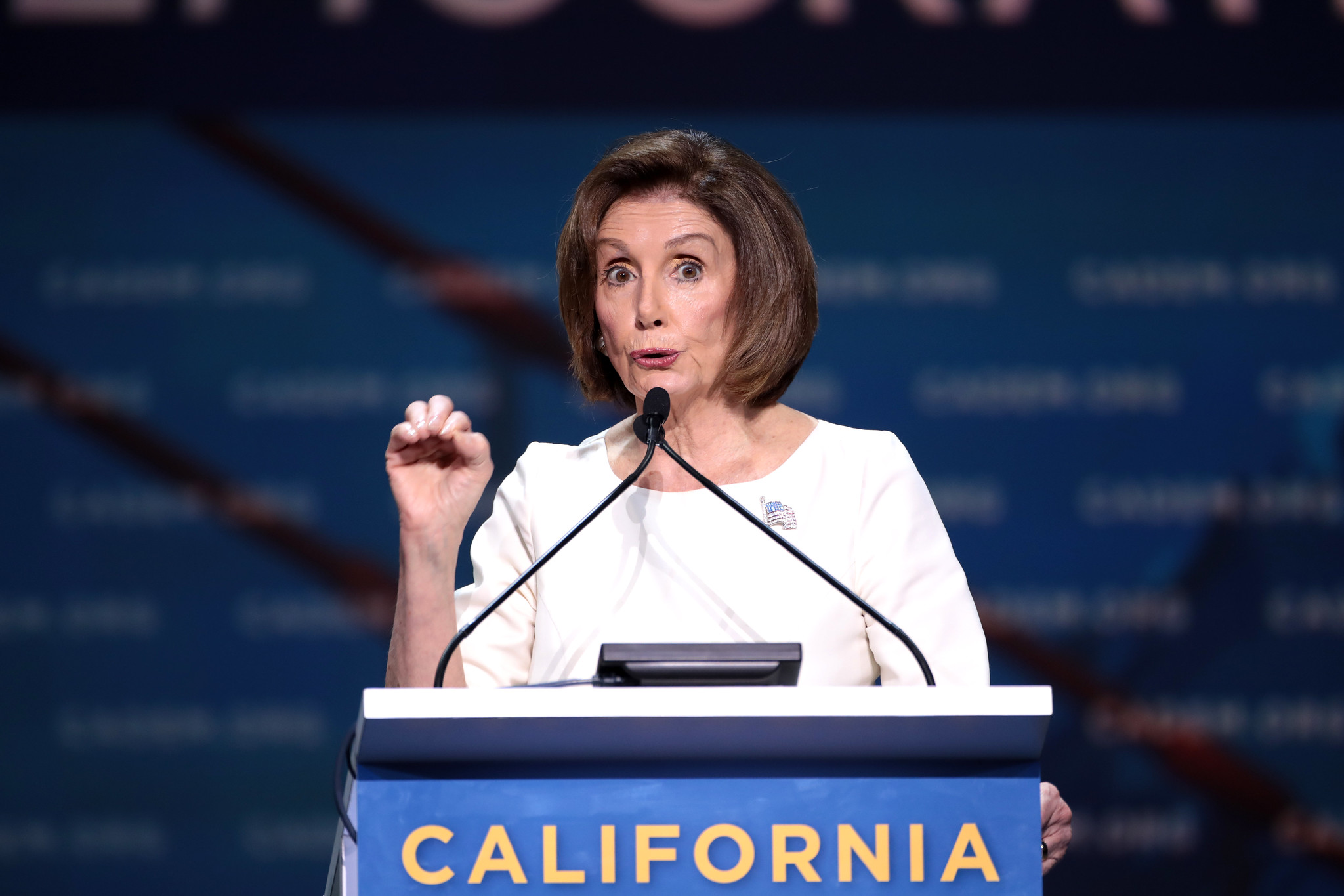 Speaker of the House Nancy Pelosi speaking with attendees at the 2019 California Democratic Party State Convention at the George R. Moscone Convention Center in San Francisco, California.