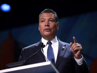 Secretary of State Alex Padilla speaking with attendees at the 2019 California Democratic Party State Convention at the George R. Moscone Convention Center in San Francisco, California.
