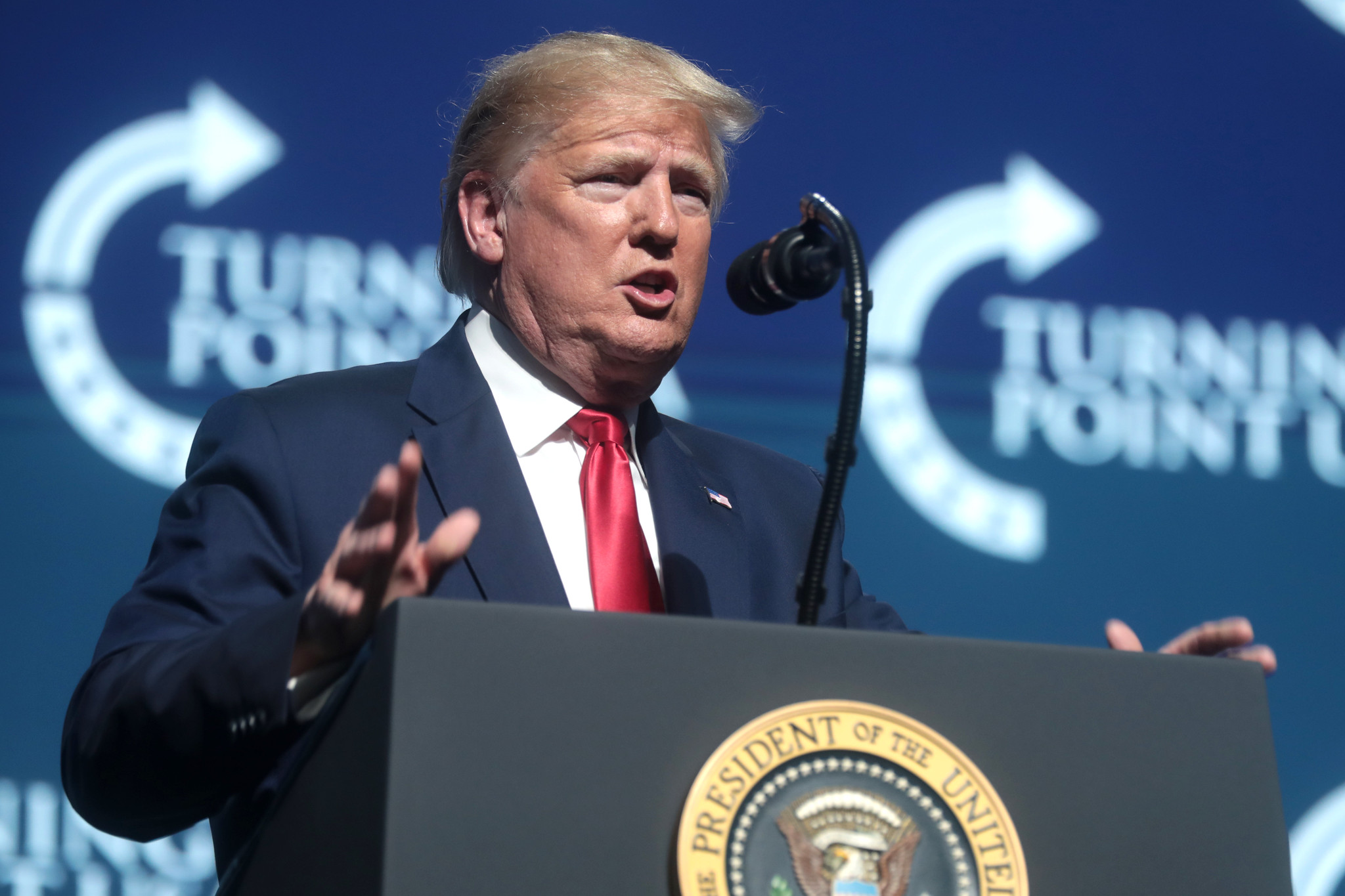 President of the United States Donald Trump speaking with attendees at the 2019 Student Action Summit hosted by Turning Point USA at the Palm Beach County Convention Center in West Palm Beach, Florida.