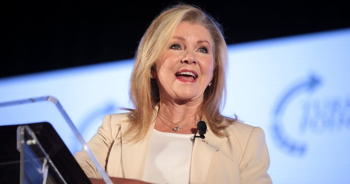 U.S. Senator Marsha Blackburn speaking with attendees at the 2019 Teen Student Action Summit hosted by Turning Point USA at the Marriott Marquis in Washington, D.C.