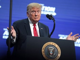 President of the United States Donald Trump speaking with supporters at an "An Address to Young Americans" event hosted by Students for Trump and Turning Point Action at Dream City Church in Phoenix, Arizona.