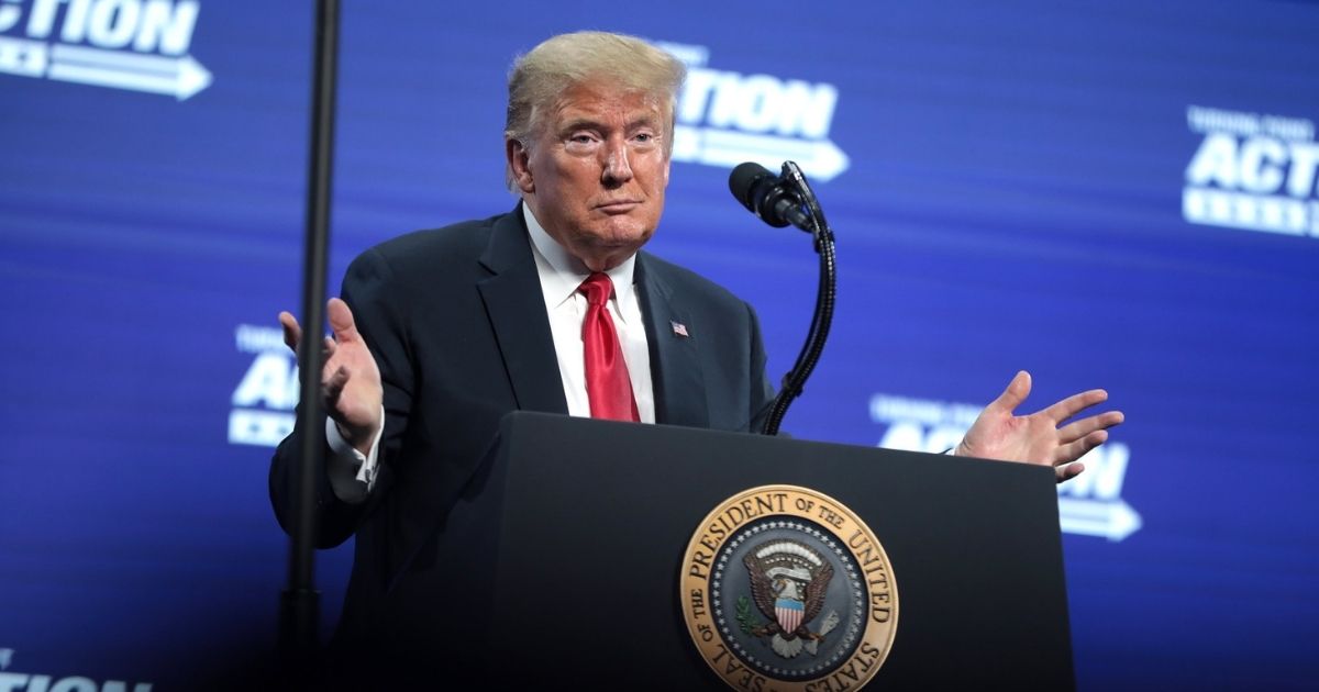 President of the United States Donald Trump speaking with supporters at an "An Address to Young Americans" event hosted by Students for Trump and Turning Point Action at Dream City Church in Phoenix, Arizona.