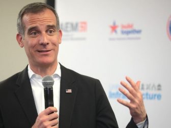 Mayor of Los Angeles Eric Garcetti speaking with the media at the Moving America Forward Forum hosted by United for Infrastructure at the Student Union at the University of Nevada, Las Vegas in Las Vegas, Nevada.