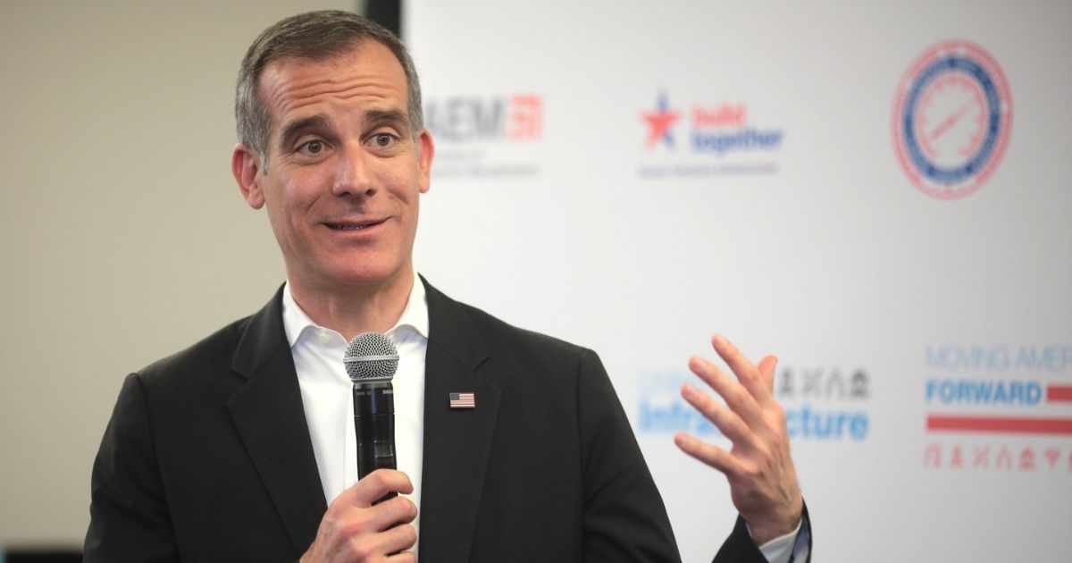 Mayor of Los Angeles Eric Garcetti speaking with the media at the Moving America Forward Forum hosted by United for Infrastructure at the Student Union at the University of Nevada, Las Vegas in Las Vegas, Nevada.