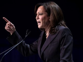 U.S. Senator Kamala Harris speaking with attendees at the 2019 California Democratic Party State Convention at the George R. Moscone Convention Center in San Francisco, California.