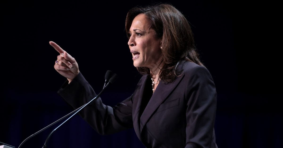 U.S. Senator Kamala Harris speaking with attendees at the 2019 California Democratic Party State Convention at the George R. Moscone Convention Center in San Francisco, California.