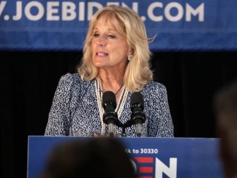 Former Second Lady of the United States Jill Biden speaking with supporters of former Vice President Joe Biden at a community event at the Best Western Regency Inn in Marshalltown, Iowa.