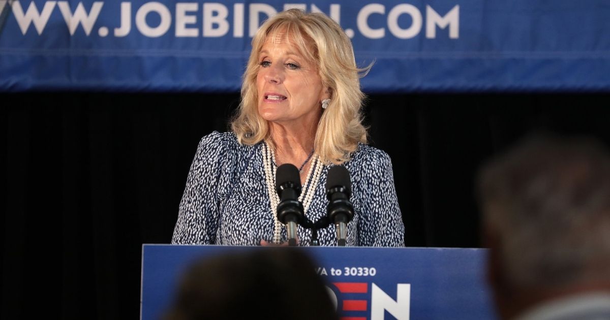 Former Second Lady of the United States Jill Biden speaking with supporters of former Vice President Joe Biden at a community event at the Best Western Regency Inn in Marshalltown, Iowa.