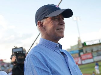 Former Second Lady of the United States Jill Biden and former Vice President of the United States Joe Biden at the Fourth of July Iowa Cubs game at Principal Park in Des Moines, Iowa.