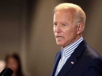 Former Vice President of the United States Joe Biden speaking with supporters at a town hall hosted by the Iowa Asian and Latino Coalition at Plumbers and Steamfitters Local 33 in Des Moines, Iowa.