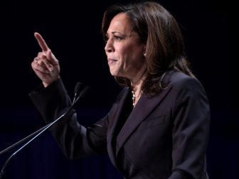 U.S. Senator Kamala Harris speaking with attendees at the 2019 California Democratic Party State Convention at the George R. Moscone Convention Center in San Francisco, California.