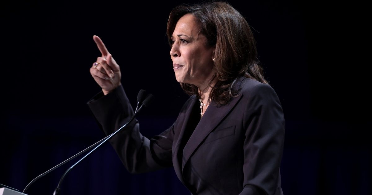 U.S. Senator Kamala Harris speaking with attendees at the 2019 California Democratic Party State Convention at the George R. Moscone Convention Center in San Francisco, California.