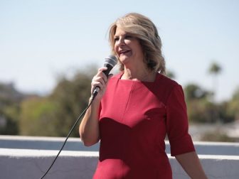 Arizona Republican Party Chair Kelli Ward speaks with supporters at a "Liberty for Trump" event at the Graduate Hotel n Tempe, Arizona.