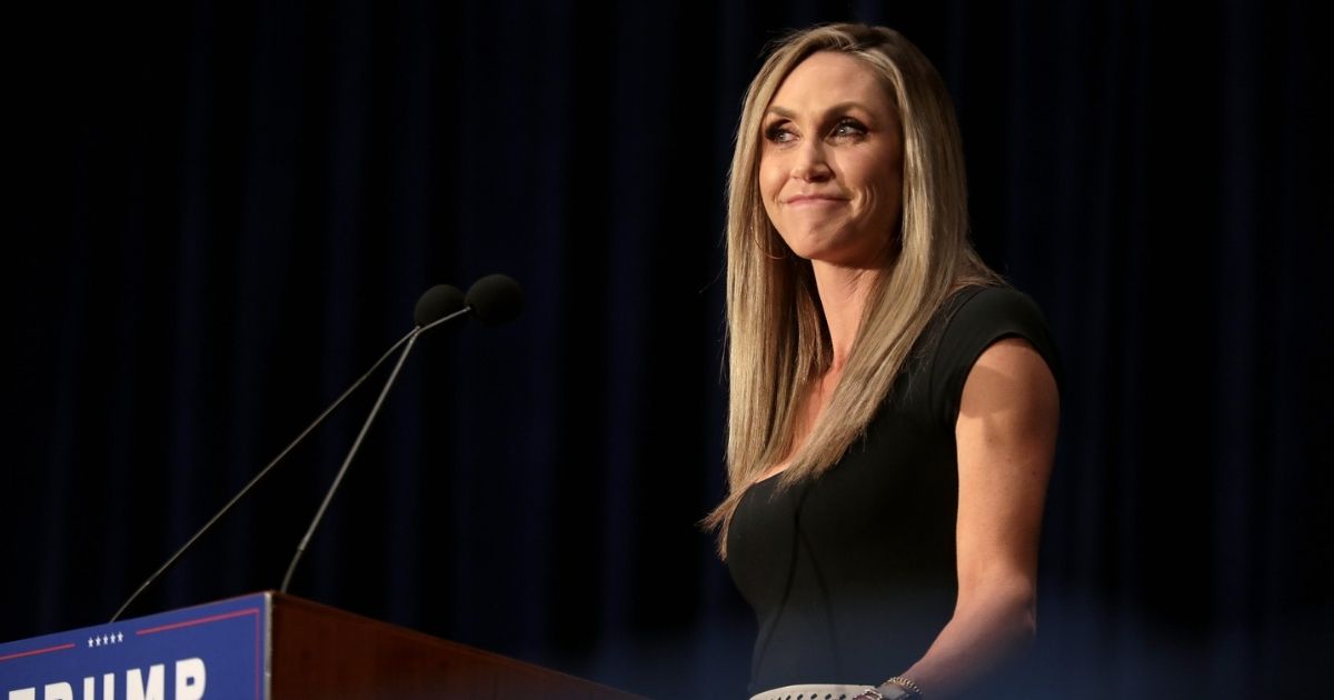 Lara Trump speaking with supporters at a "Make America Great Again" campaign rally at the Scottsdale Plaza Resort in Paradise Valley, Arizona.