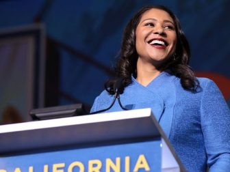 Mayor of San Francisco London Breed speaking with attendees at the 2019 California Democratic Party State Convention at the George R. Moscone Convention Center in San Francisco, California.