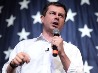 Mayor Pete Buttigieg speaking with attendees at the 2019 Iowa Democratic Wing Ding at Surf Ballroom in Clear Lake, Iowa.