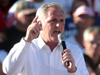 House Minority Leader Kevin McCarthy speaking with supporters of President of the United States Donald Trump at a "Make America Great Again" campaign rally at Phoenix Goodyear Airport in Goodyear, Arizona.
