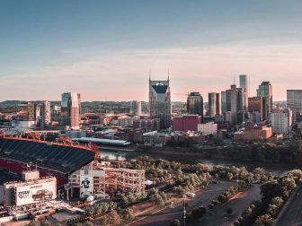 Downtown Nashville skyline at sunset, the week before the NFL draft.