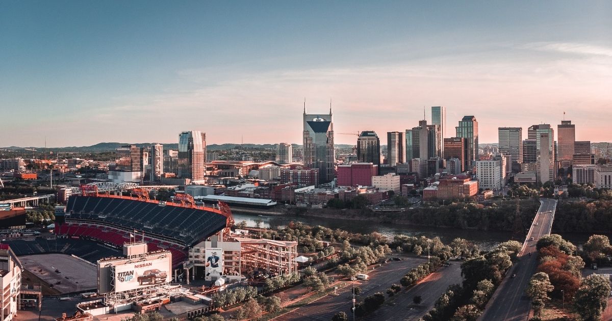 Downtown Nashville skyline at sunset, the week before the NFL draft.