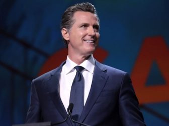 Governor Gavin Newsom speaking with attendees at the 2019 California Democratic Party State Convention at the George R. Moscone Convention Center in San Francisco, California.