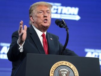 President of the United States Donald Trump speaking with supporters at an "An Address to Young Americans" event hosted by Students for Trump and Turning Point Action at Dream City Church in Phoenix, Arizona.