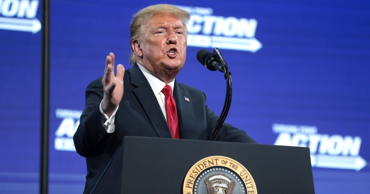 President of the United States Donald Trump speaking with supporters at an "An Address to Young Americans" event hosted by Students for Trump and Turning Point Action at Dream City Church in Phoenix, Arizona.