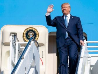 President Donald J. Trump waves as he disembarks Air Force One Wednesday, Oct. 21, 2019, at Pittsburgh International Airport in Pittsburgh. (Official White House Photo by Tia Dufour)