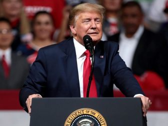 President of the United States Donald Trump speaking with supporters at a "Keep America Great" rally at Arizona Veterans Memorial Coliseum in Phoenix, Arizona.