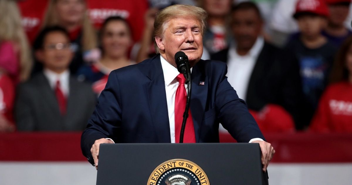 President of the United States Donald Trump speaking with supporters at a "Keep America Great" rally at Arizona Veterans Memorial Coliseum in Phoenix, Arizona.