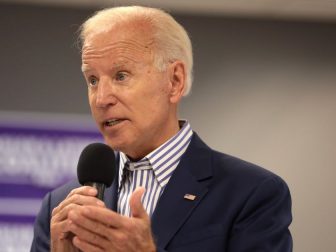 Former Vice President of the United States Joe Biden speaking with supporters at a town hall hosted by the Iowa Asian and Latino Coalition at Plumbers and Steamfitters Local 33 in Des Moines, Iowa.