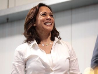 U.S. Senator Kamala Harris speaking with attendees at a fundraiser hosted by the Iowa Asian and Latino Coalition at Jasper Winery in Des Moines, Iowa.