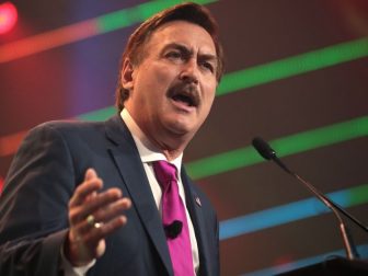 Mike Lindell speaking with attendees at the 2020 Student Action Summit hosted by Turning Point USA at the Palm Beach County Convention Center in West Palm Beach, Florida.