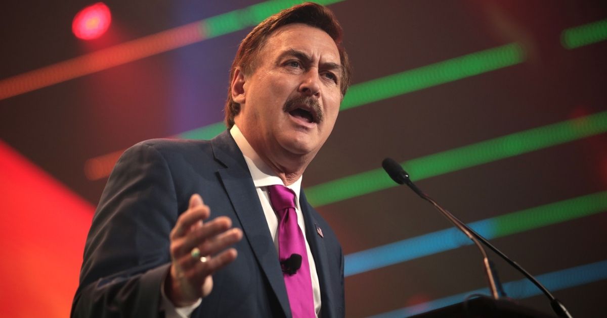 Mike Lindell speaking with attendees at the 2020 Student Action Summit hosted by Turning Point USA at the Palm Beach County Convention Center in West Palm Beach, Florida.