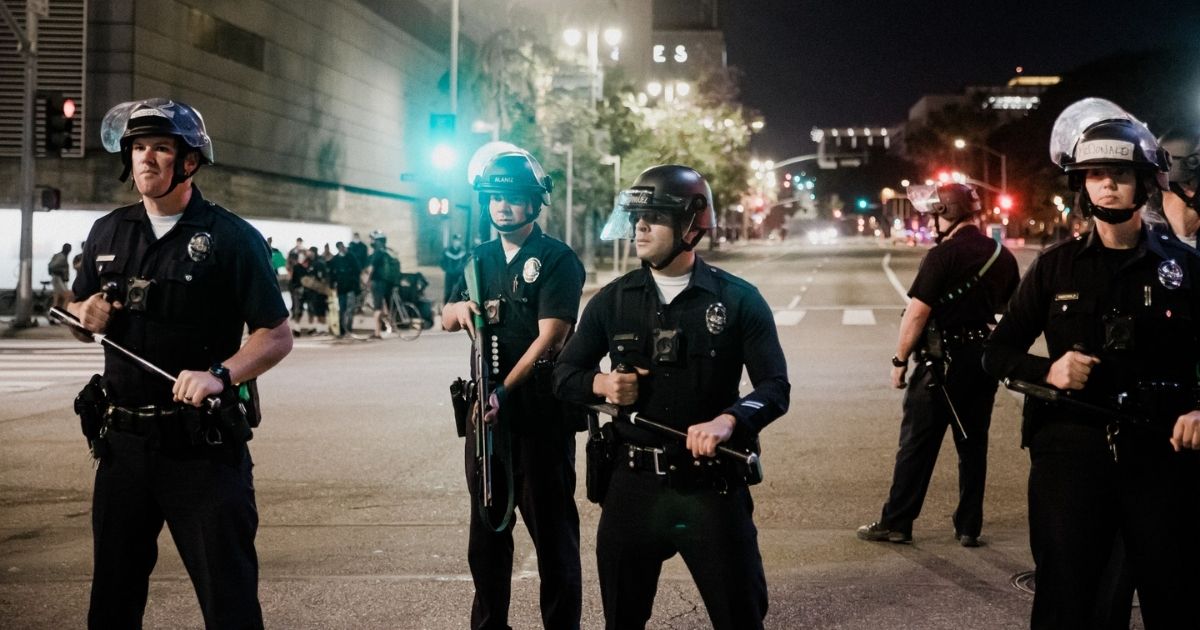 Police at a protest in Los Angeles, California