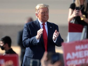 President of the United States Donald Trump speaking with supporters at a "Make America Great Again" campaign rally at Phoenix Goodyear Airport in Goodyear, Arizona.