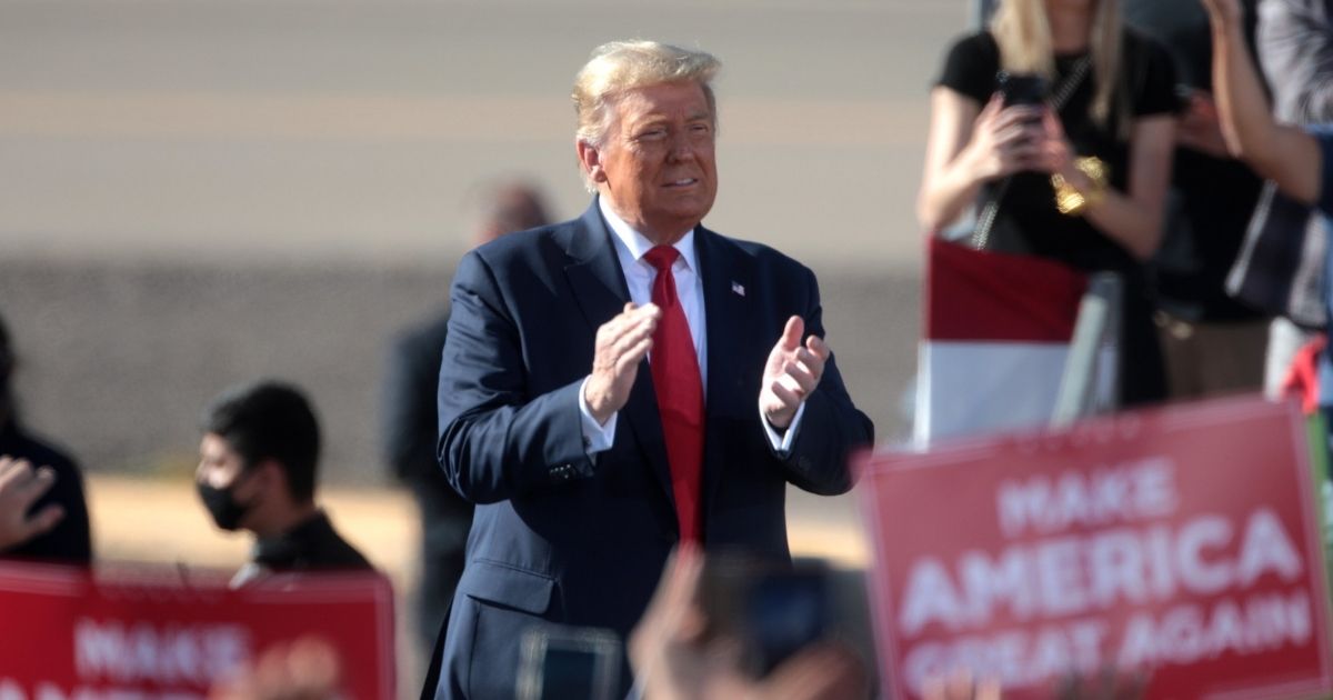 President of the United States Donald Trump speaking with supporters at a "Make America Great Again" campaign rally at Phoenix Goodyear Airport in Goodyear, Arizona.