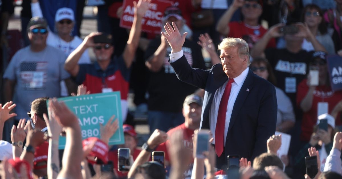 President of the United States Donald Trump speaking with supporters at a "Make America Great Again" campaign rally at Phoenix Goodyear Airport in Goodyear, Arizona.