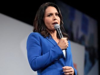 U.S. Congresswoman Tulsi Gabbard speaking with attendees at the Presidential Gun Sense Forum hosted by Everytown for Gun Safety and Moms Demand Action at the Iowa Events Center in Des Moines, Iowa.