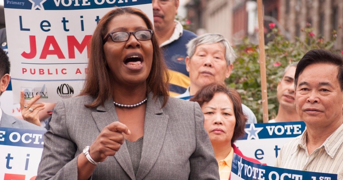 Letitia James speaking to a crowd of supporters