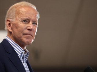 Former Vice President of the United States Joe Biden speaking with supporters at a town hall hosted by the Iowa Asian and Latino Coalition at Plumbers and Steamfitters Local 33 in Des Moines, Iowa.