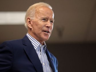 Former Vice President of the United States Joe Biden speaking with supporters at a town hall hosted by the Iowa Asian and Latino Coalition at Plumbers and Steamfitters Local 33 in Des Moines, Iowa.