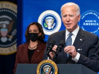 President Joe Biden, joined by Vice President Kamala Harris, delivers remarks on his “Buy American” initiative Monday, Jan. 25, 2021, in the South Court Auditorium of the Eisenhower Executive Office Building at the White House. (Official White House Photo by Adam Schultz)