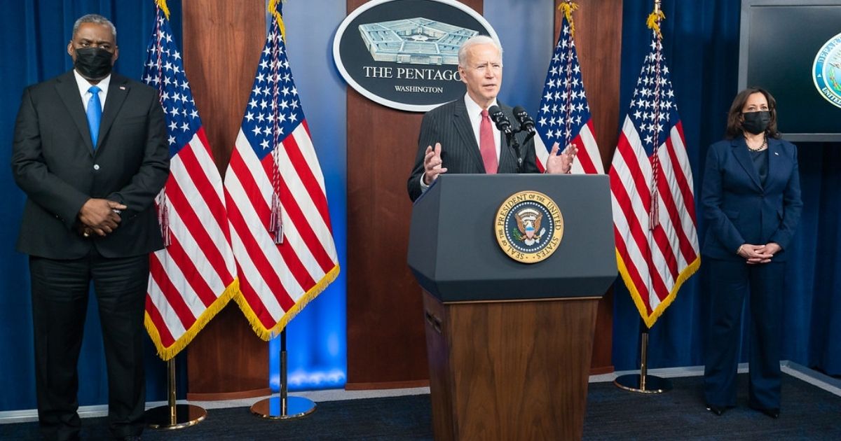 President Joe Biden, joined by Vice President Kamala Harris and Secretary of Defense Lloyd Austin, delivers remarks during a press conference Wednesday, Feb. 10, 2021, at the Pentagon in Arlington, Virginia. (Official White House Photo by Adam Schultz)